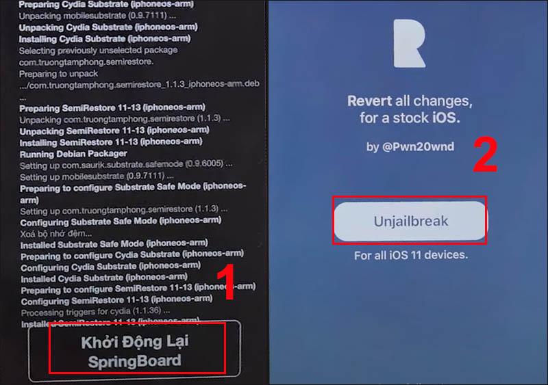 Đưa điện thoại về trạng thái mặc định bằng cách nhấn Unjailbreak 