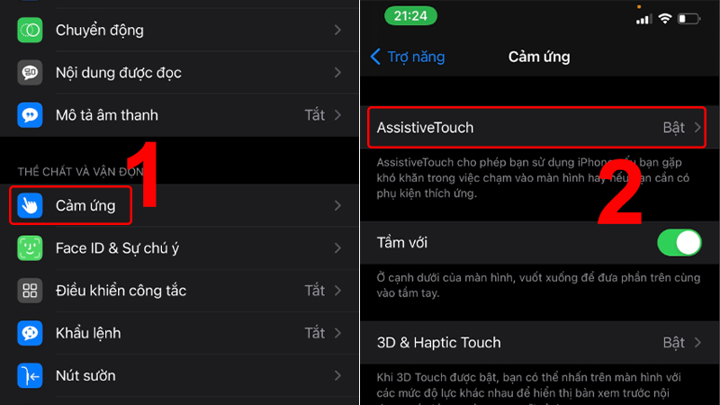 Chọn Cảm ứng và chọn AssistiveTouch