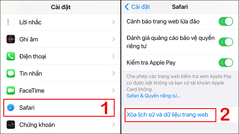 Chọn Xóa lịch sử và dữ liệu trang web