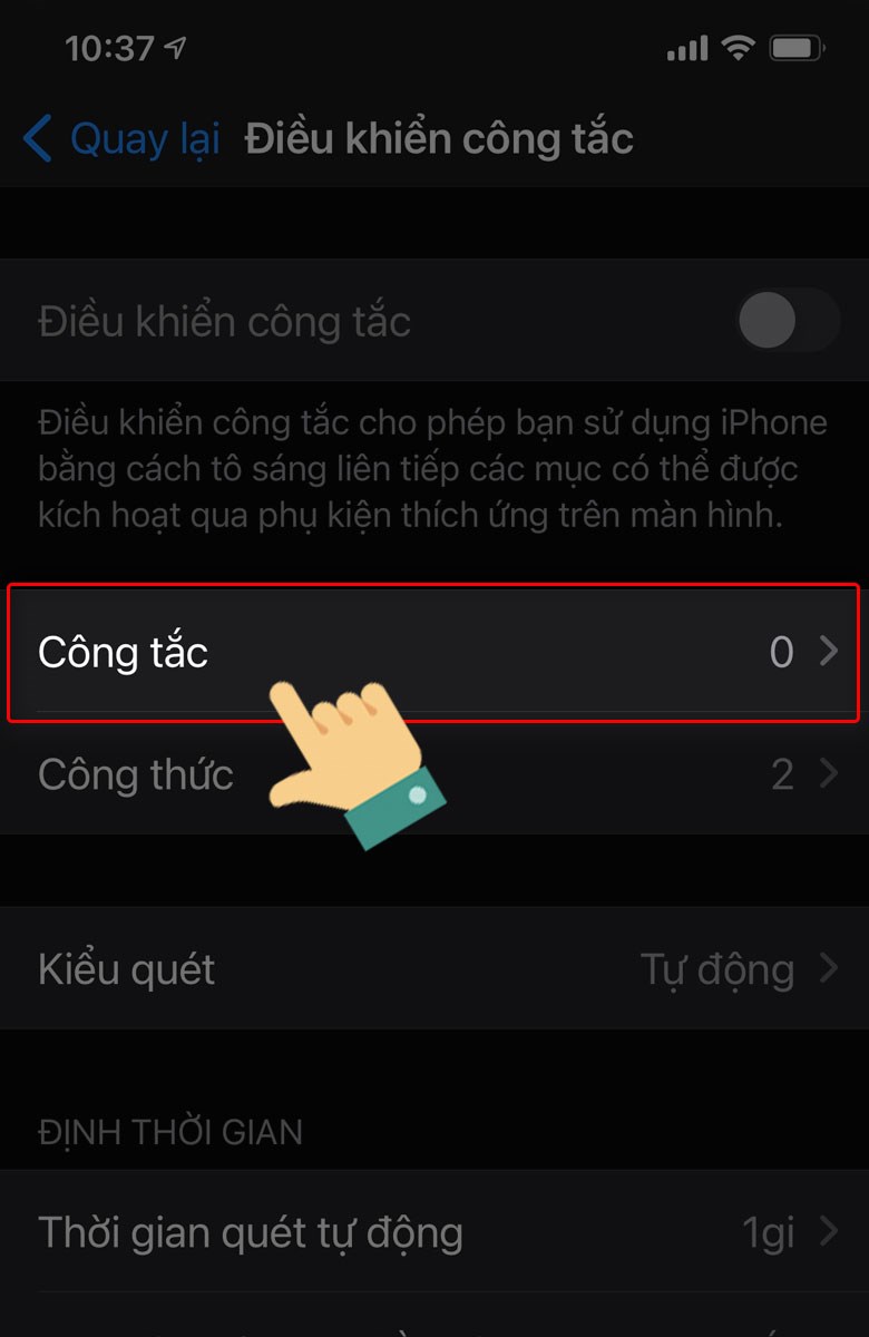 Nhấn vào mục Công tắc